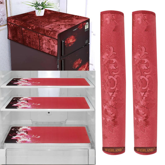 WISHLAND red 1 Pc Fridge Cover for Top with 6 Pockets + 2 Handle Cover + 3 Fridge Mats( Fridge Cover Combo Set of 6 Pcs) - HalfPe