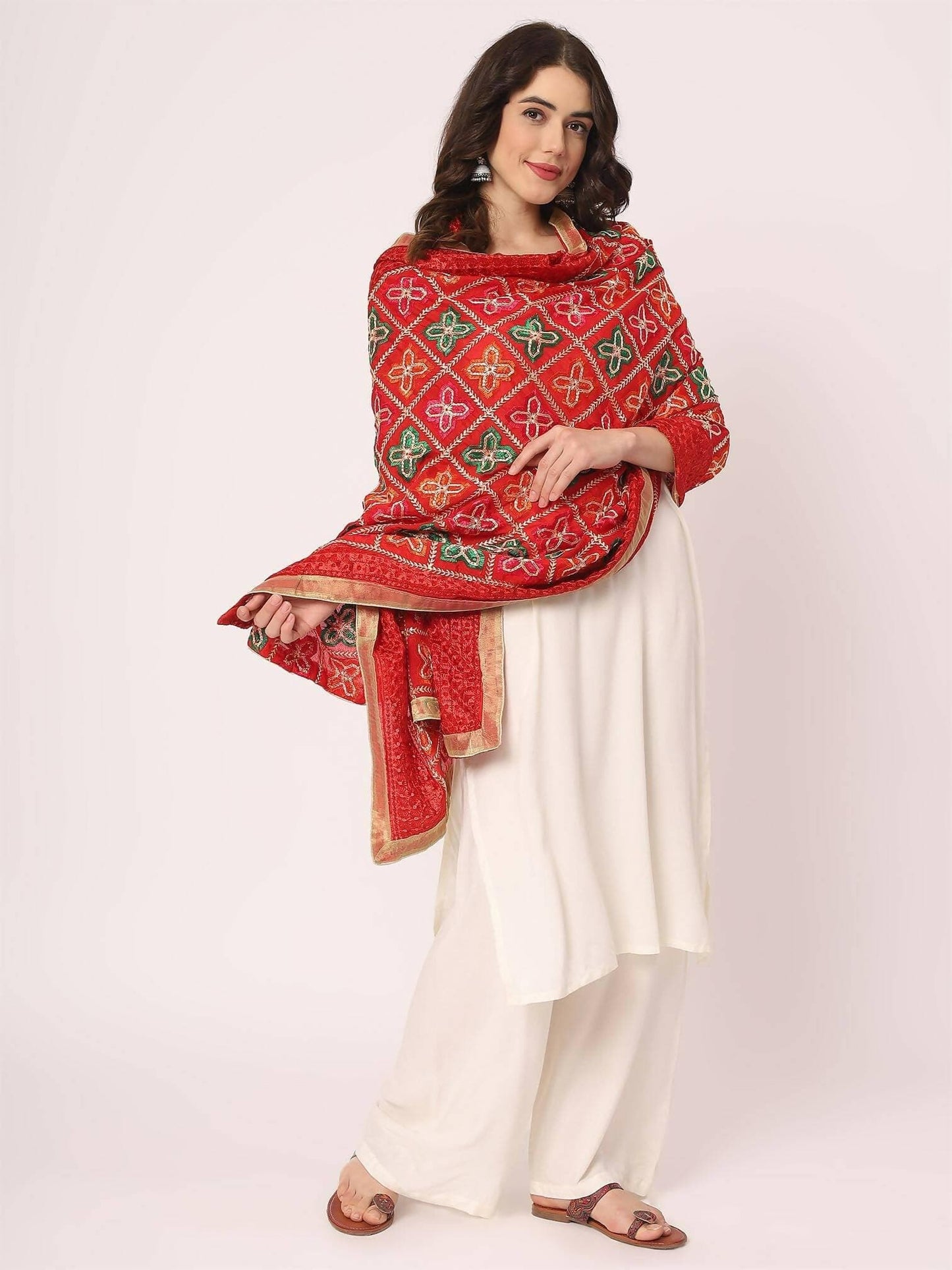 Red Multicolour Embroidery Phulkari Dupatta - HalfPe