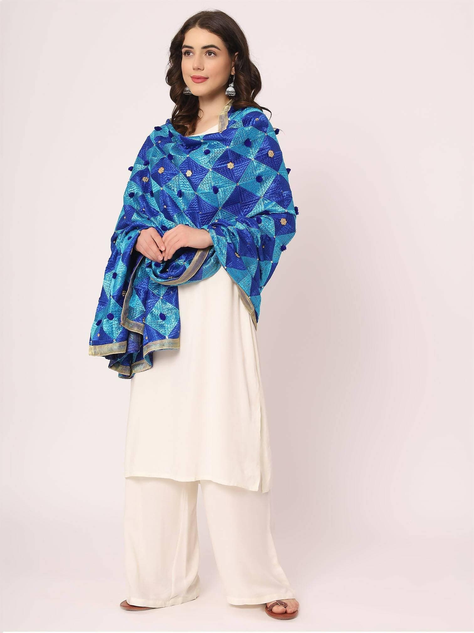 Royal Blue Embroidery Phulkari Dupatta - HalfPe