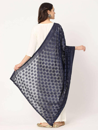 Navy Blue Sequined Phulkari Embroidery Dupatta - HalfPe