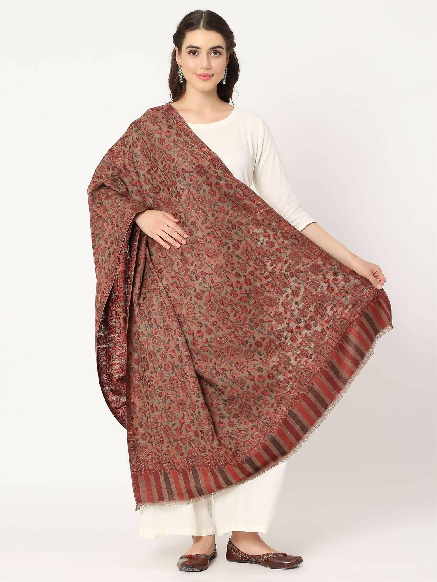 Light Brown Fine Wool Kani Shawl for women - HalfPe