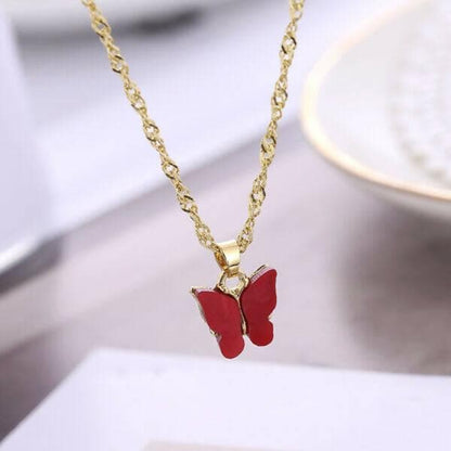 Pinapes Stylish Gold Chain Plated Multi-Color Butterfly Pendant Necklace for Women and Girls (Red) (Pack of 2) - HalfPe