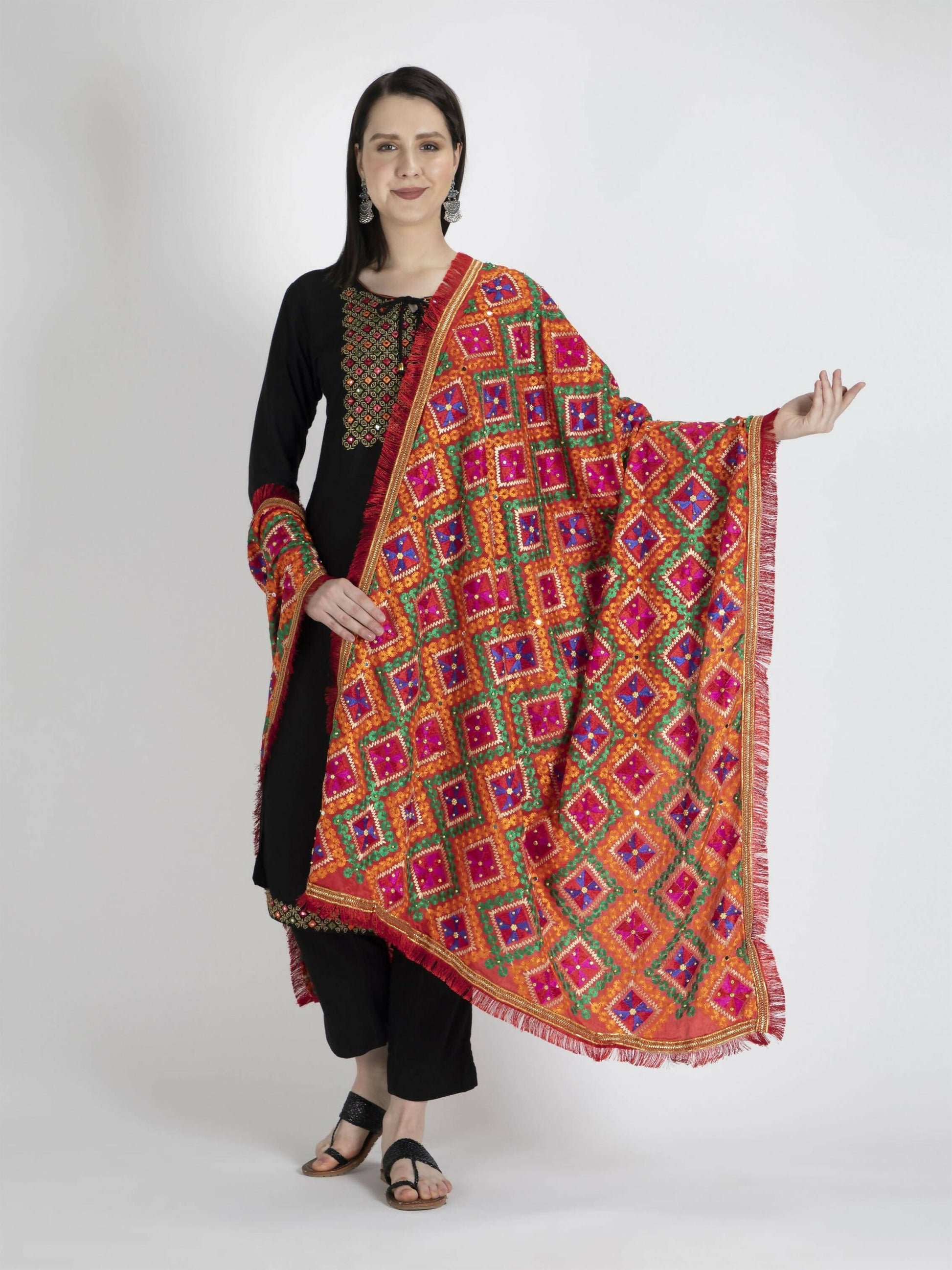 Phulkari Dupatta with Mirror Work (Multicolor) - HalfPe