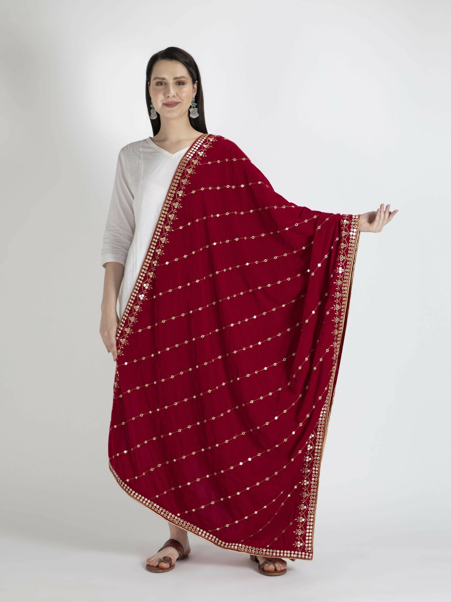 Red Embroidered Velvet Shawl Dupatta - HalfPe