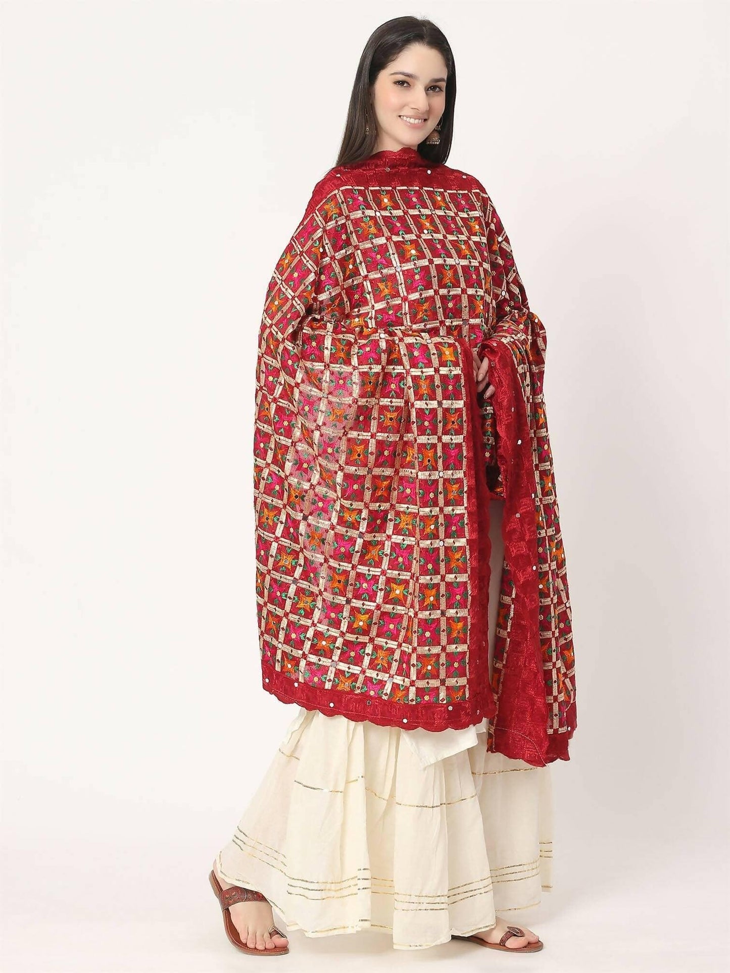 Maroon Multicolour Phulkari Embroidery Dupatta - HalfPe