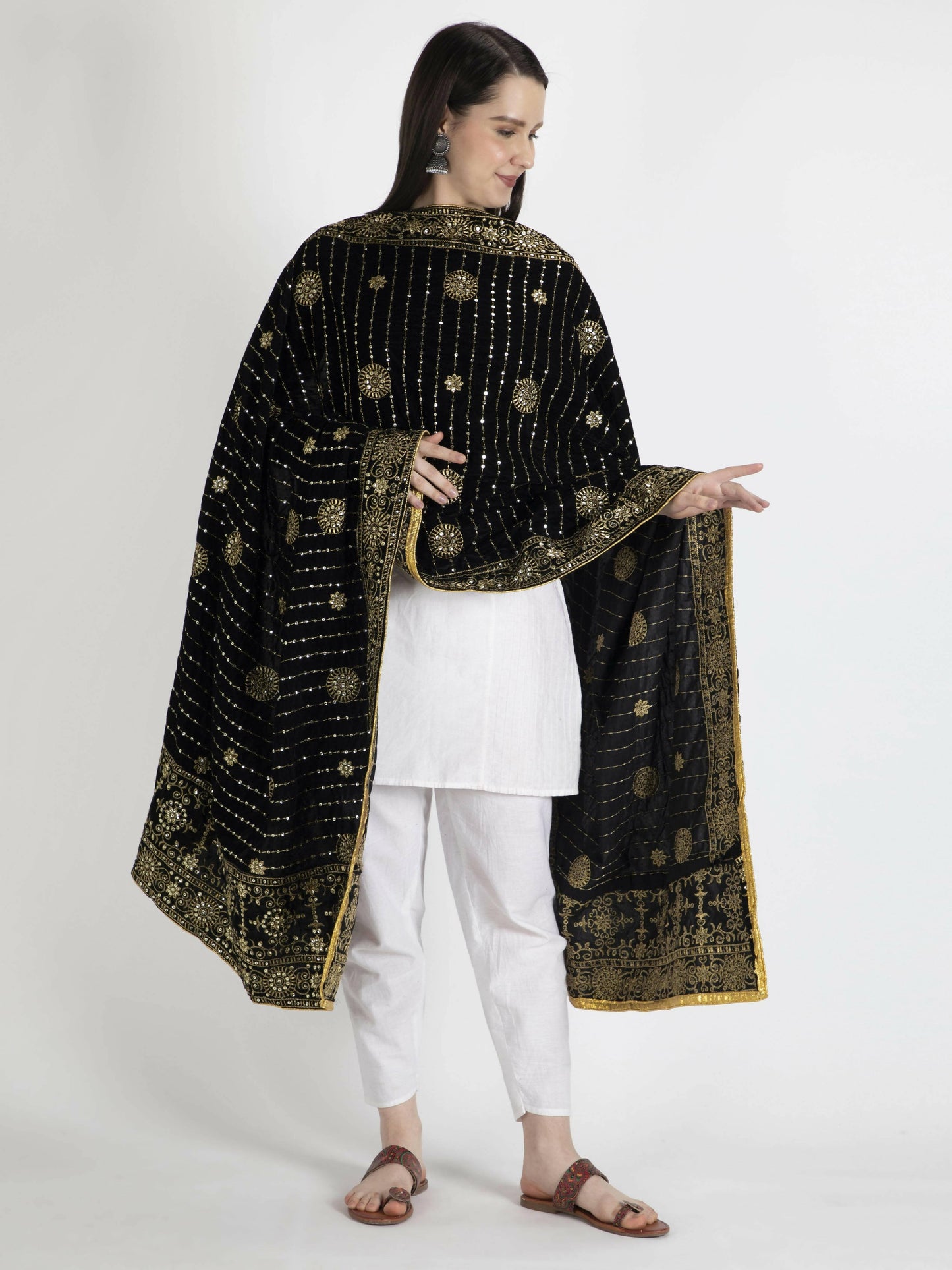 Embroidered Velvet Shawl Dupatta (Black) - HalfPe