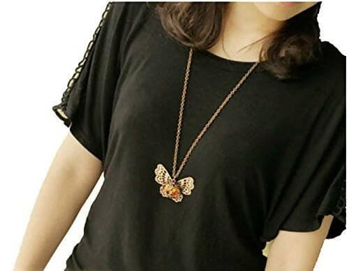 SENECIO Vintage Look Amber Stone Butterfly Filigree Carved Floral Beautiful Long Chain Crystal Bronze Necklace - HalfPe