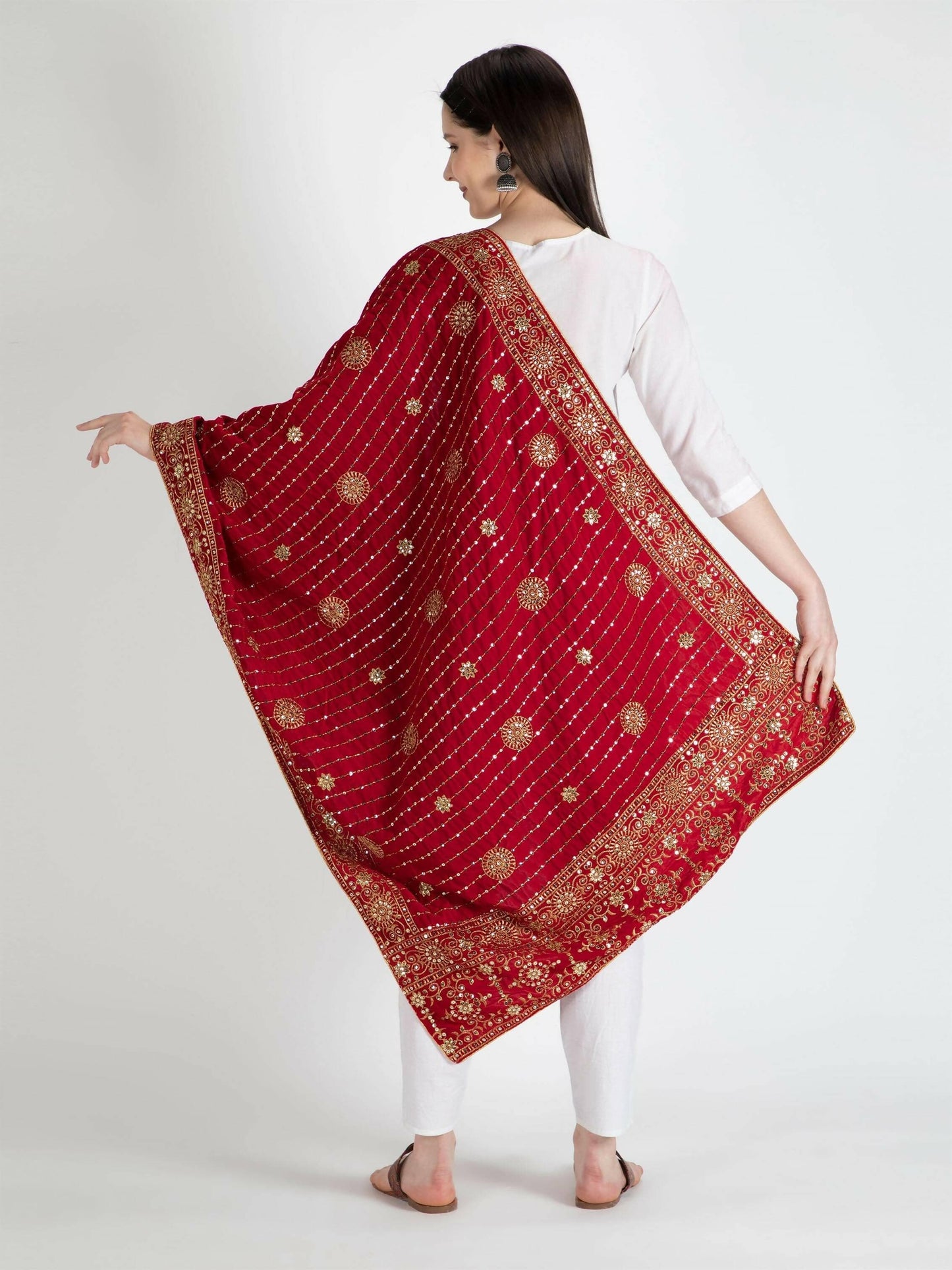 Embroidered Velvet Shawl Dupatta (Red) - HalfPe