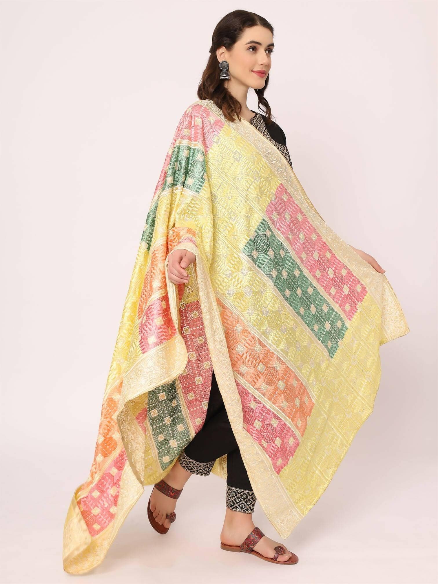 Lemon Pastel Colours Embroidery Phulkari Dupatta - HalfPe