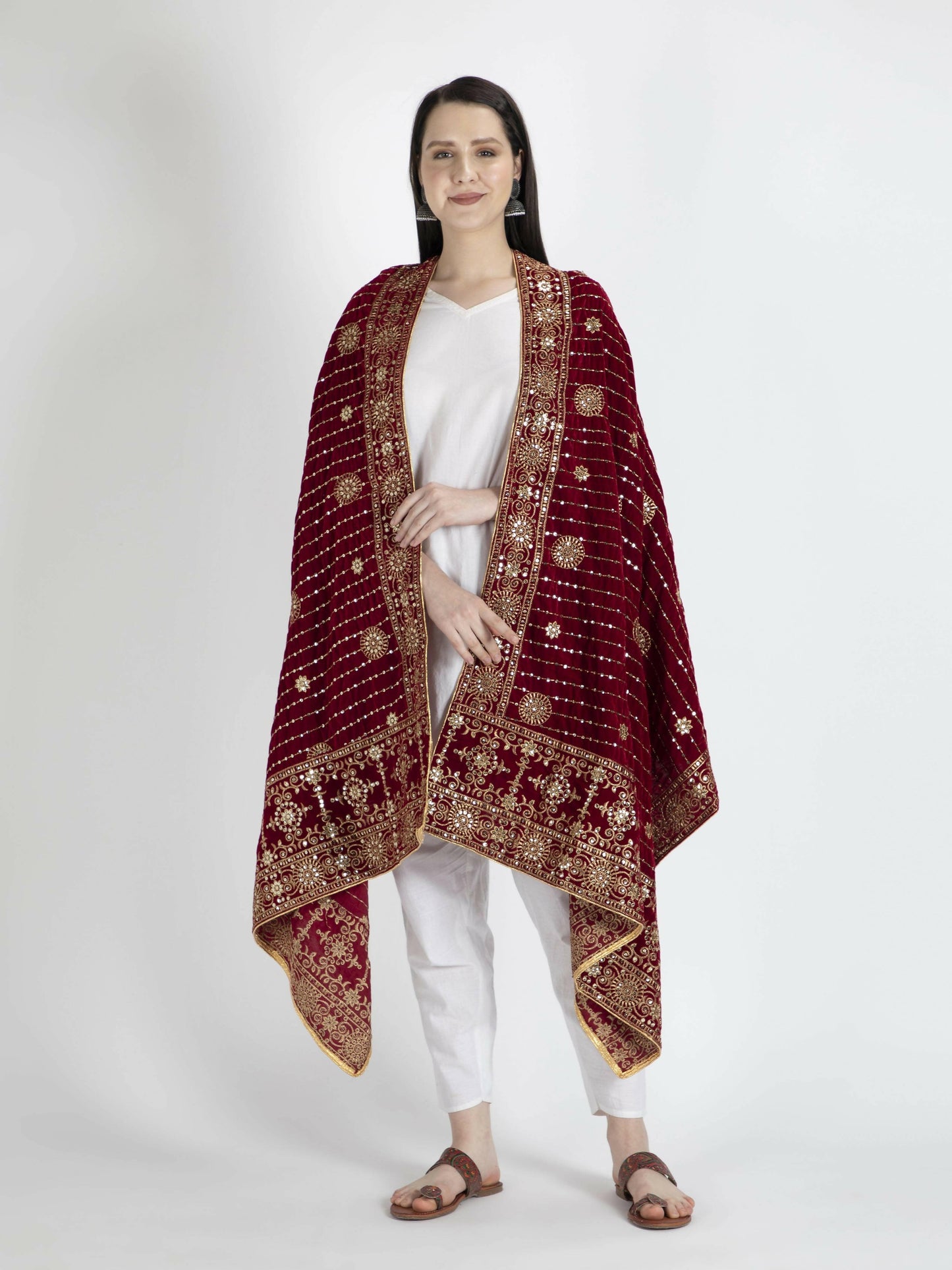 Embroidered Velvet Shawl Dupatta (Maroon) - HalfPe