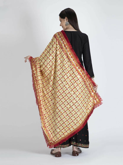 Phulkari Dupatta with Mirror Work (Beige Red) - HalfPe