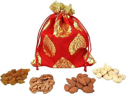 MANTOUSS Pongal/Makar Sankranti Dry Fruit Red Exclusive Potli-Cashew,Almond,Walnut and Raisin (50gms Each) 200gms + Haldi Kumkum - HalfPe