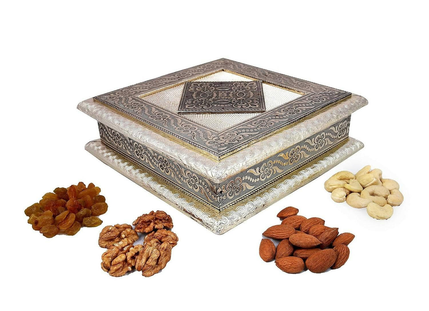 Diwali Dry Fruit Gift Pack-Cashew,Almond,Walnut and Raisin (100gms Each) 400gms+Mandala bedsheet+2 Gel Glass Candle,Card and Rangoli Colours (Dry Fruits+Glass Wax Candle+Mandala BEDSHEET) - HalfPe