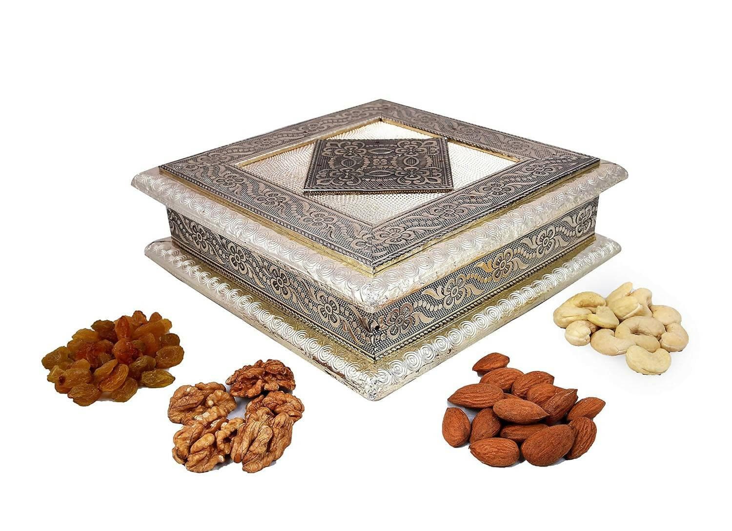 Diwali Dry Fruit Gift Pack-Cashew,Almond,Walnut and Raisin (100gms Each) 400gms+Mandala bedsheet+2 Gel Glass Candle,Card and Rangoli Colours (Dry Fruits+Glass Wax Candle+Mandala BEDSHEET) - HalfPe