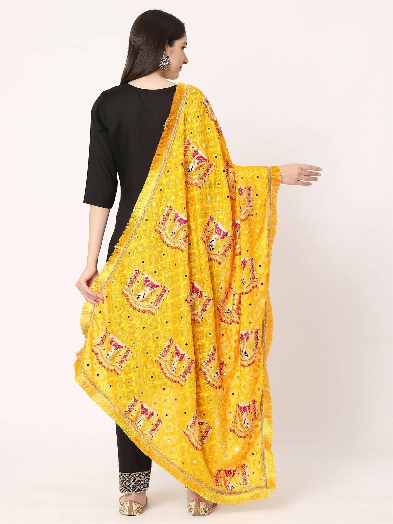 Doli Design Yellow Multicolour Embroidery Phulkari Dupatta with Beads - HalfPe