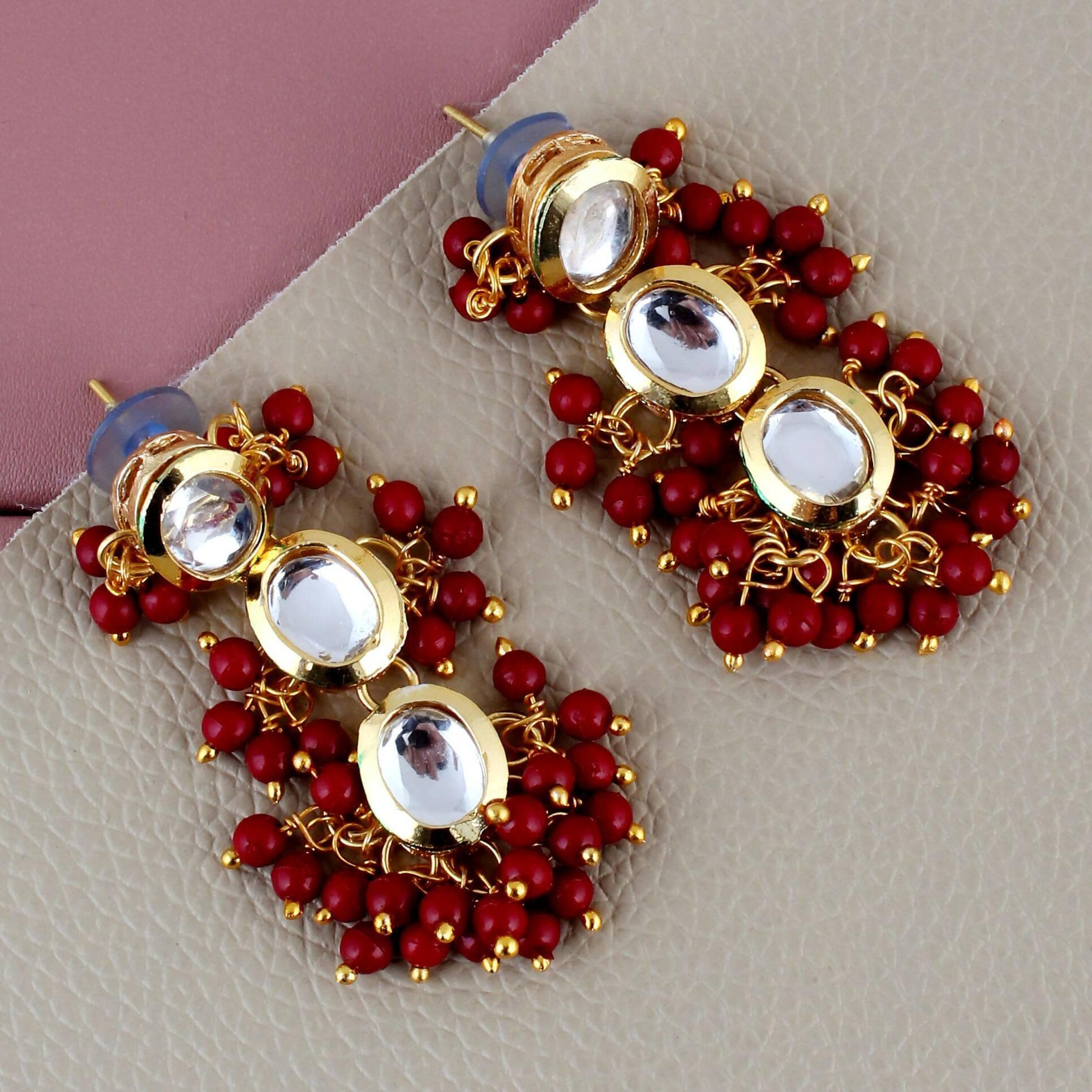 LUCKY JEWELLERY Back Meenakari 18k Gold Plated Maroon Color Tika Earring Combo Uncut Big Faux Kundan Choker Necklace set with large stones - HalfPe