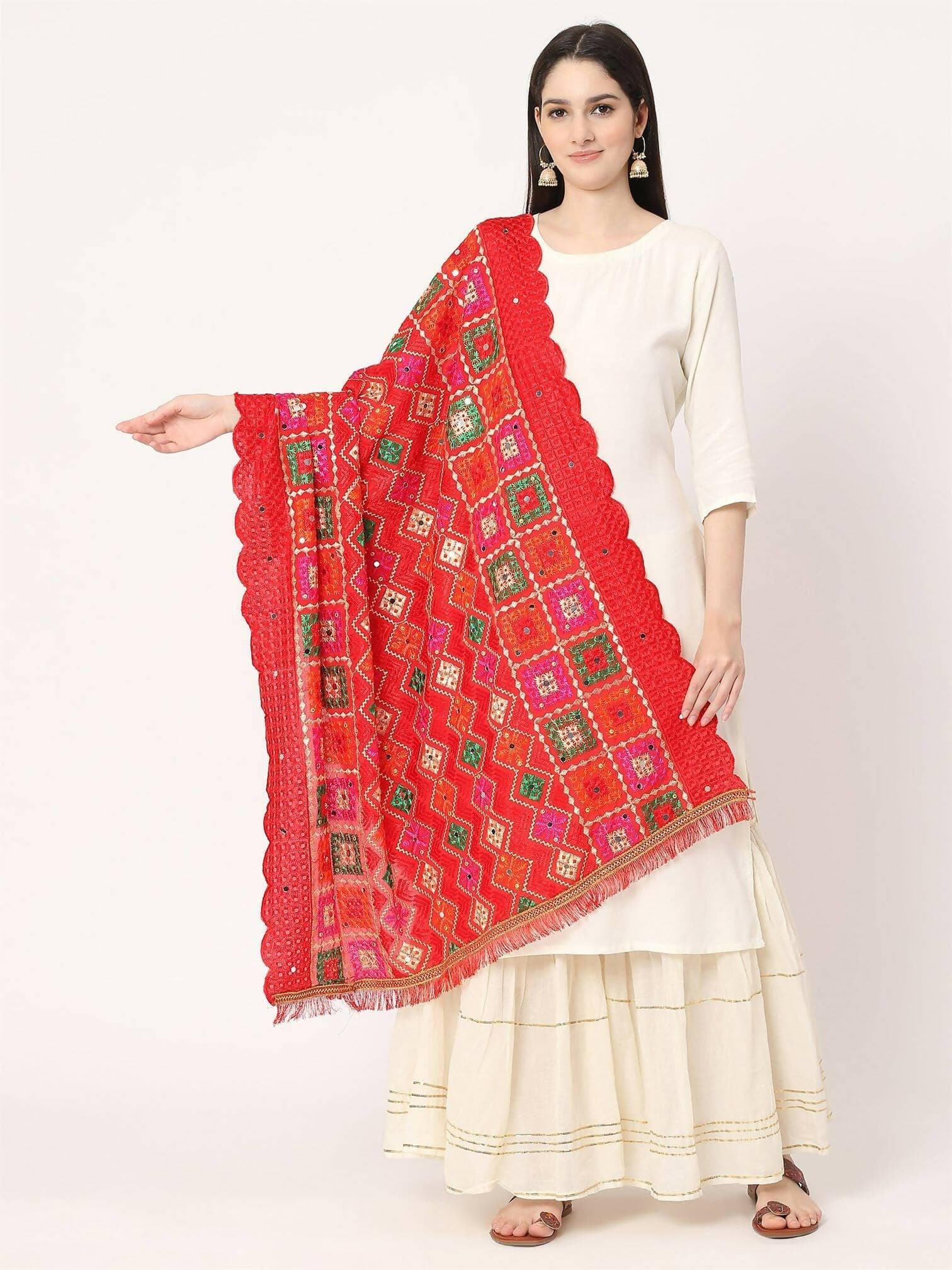 Red Mullticolour Embroidery Phulkari Dupatta with Beads - HalfPe