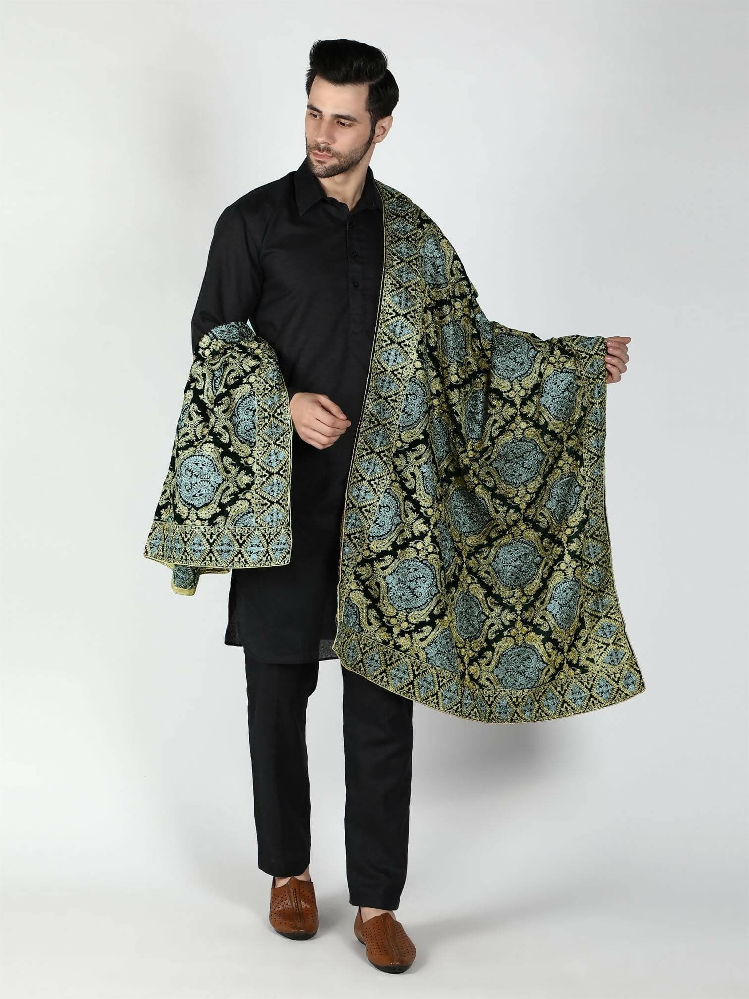 Moda Chales Men's Velvet Shawl (Green, Silver ,Gold ) - HalfPe