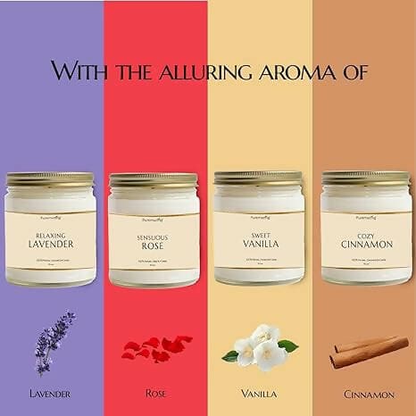 Puremazing Scented Soy Wax Candle Gift Set | 8 Pieces X 90 Grams | Lavender, Vanilla, Rose, Cinnamon Fragrances | 25 Hours Burning Time | Eco-Friendly & Luxurious Home Décor Gift Set - HalfPe