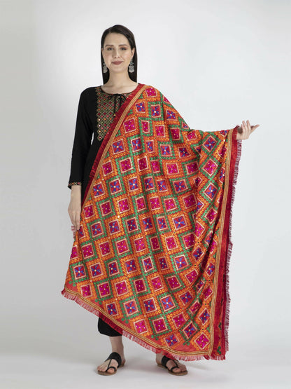 Phulkari Dupatta with Mirror Work (multi-color) - HalfPe