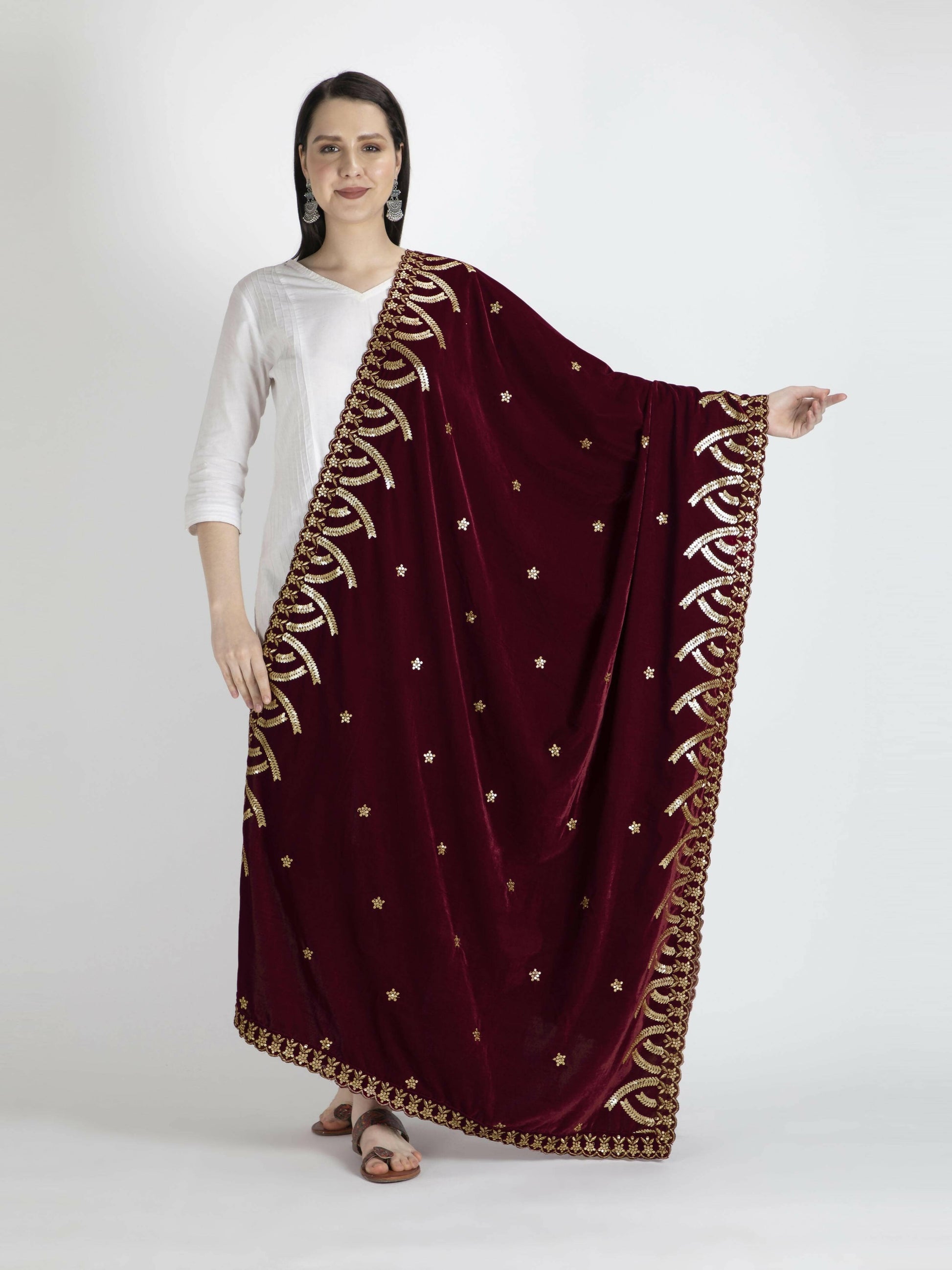 Embroidered Velvet Shawl Dupatta(Maroon) - HalfPe