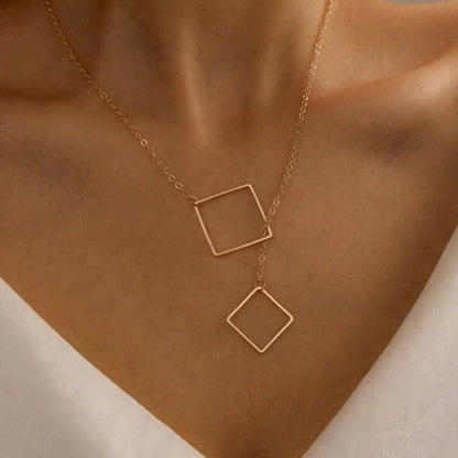 Pinapes Gorgeous Gold Plated Square in Square Y-Shaped Pendant Necklace for Women and Girls - HalfPe