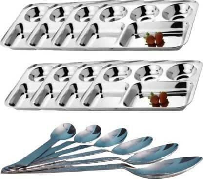 SHINI LIFESTYLE Steel Bhojan Thal 5 column,Super Premium Quality Dinner Plate 8pc with SpoonSet Dinner Plate (Pack of 8) - HalfPe