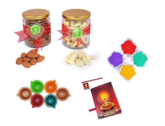 MANTOUSS Diwali Dry Fruit Decorative Glass Jar-Almond and Cashew(100gms Each),200 GMS + 2 Cute diyas, Rangoli Colours and Diwali Greeting - HalfPe