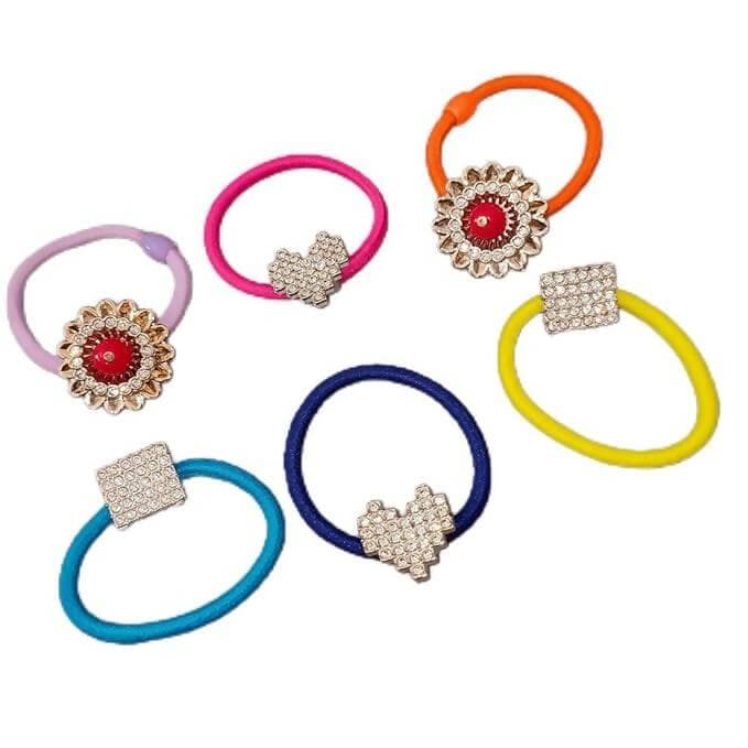 SENECIO 6Pc Set Crystal Rhinestone Studded Multi Shape Multicolor Rubber Band Hair Tie Scrunchies - HalfPe