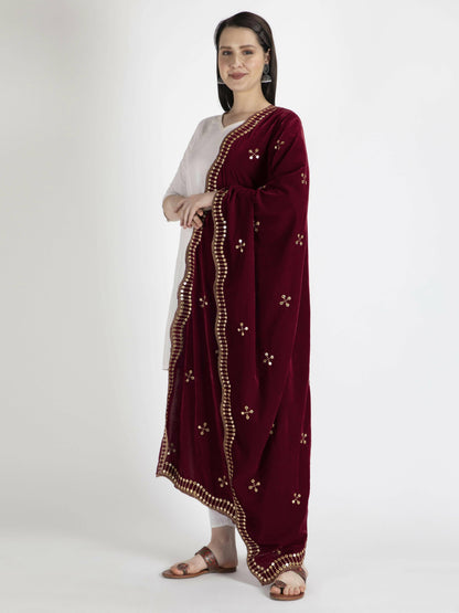 Embroidered Velvet Marron Dupatta For Women - HalfPe