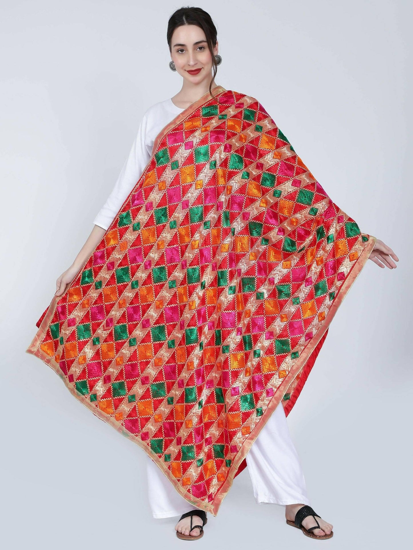 Phulkari dupatta multi color designs (red) - HalfPe