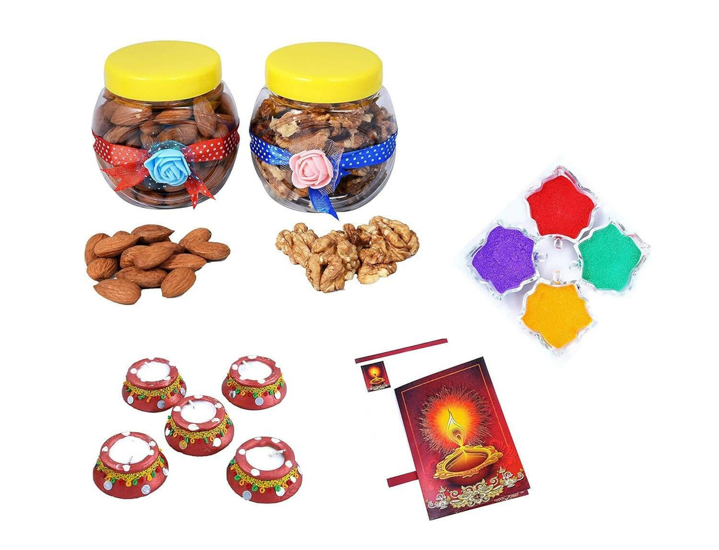 MANTOUSS Diwali Dry Fruit Decorated Jar-Almond and Walnut(100gms Each),200 GMS + 2 Matki Wax Filled Diya, Diwali Greeting Card and Rangoli Colours - HalfPe