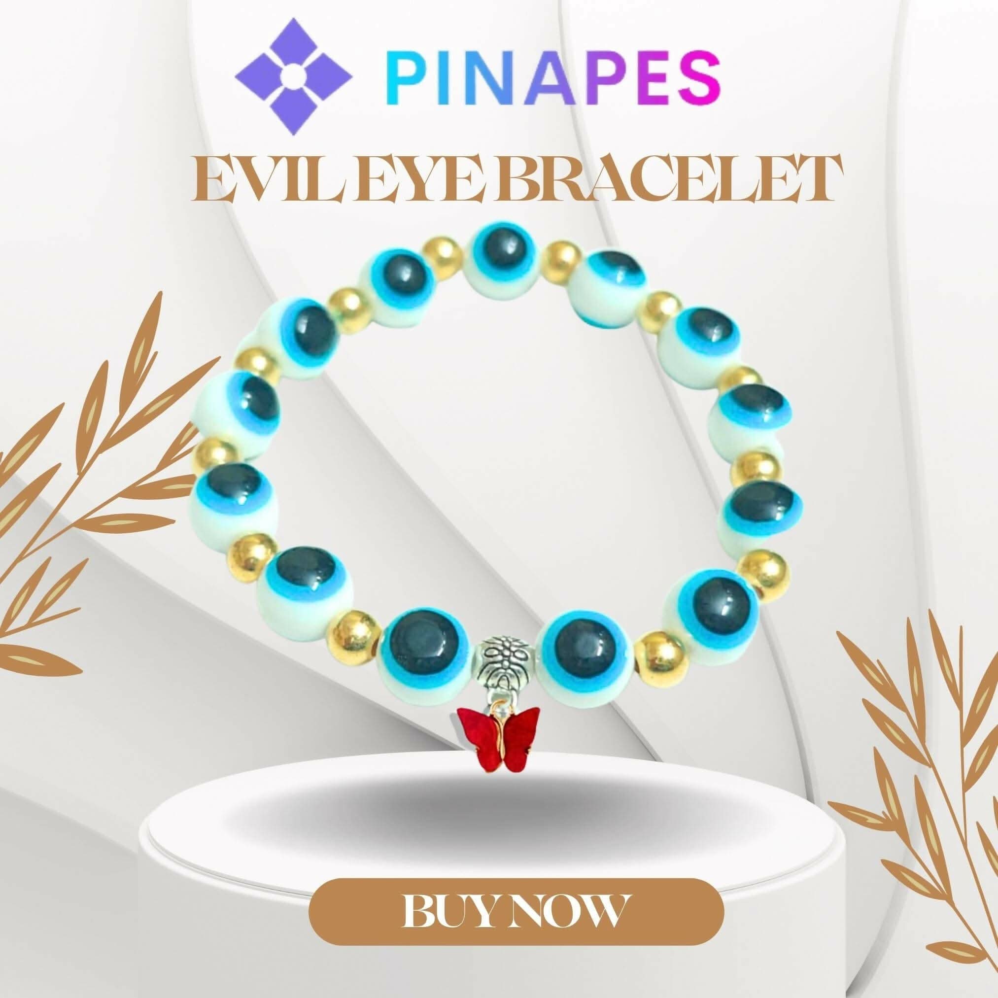 Pinapes Butterfly Beads and Evil Eye Charm Bracelet A Must-Have for Fashionable and Superstitious Women wit red butterfly (white) - HalfPe