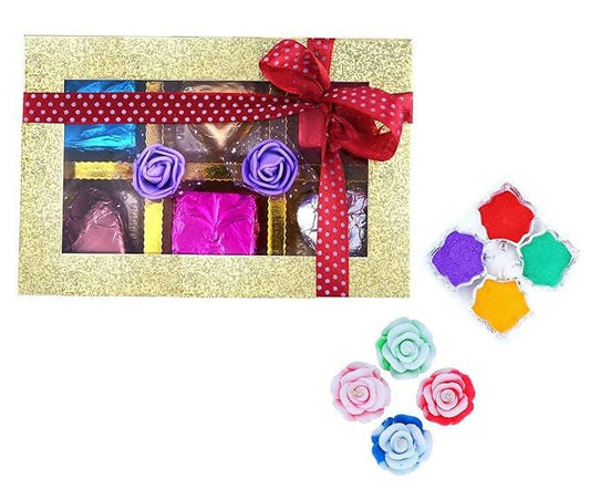 Mantouss Return Gift Diwali Chocolate Box + 2 Floating Diya and Rangoli Colours - HalfPe