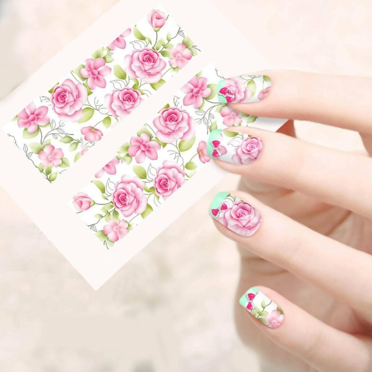 SENECIO Lovely Pink Rose French Nail Art Manicure Decals Water Transfer Stickers (2 Sheets) - HalfPe