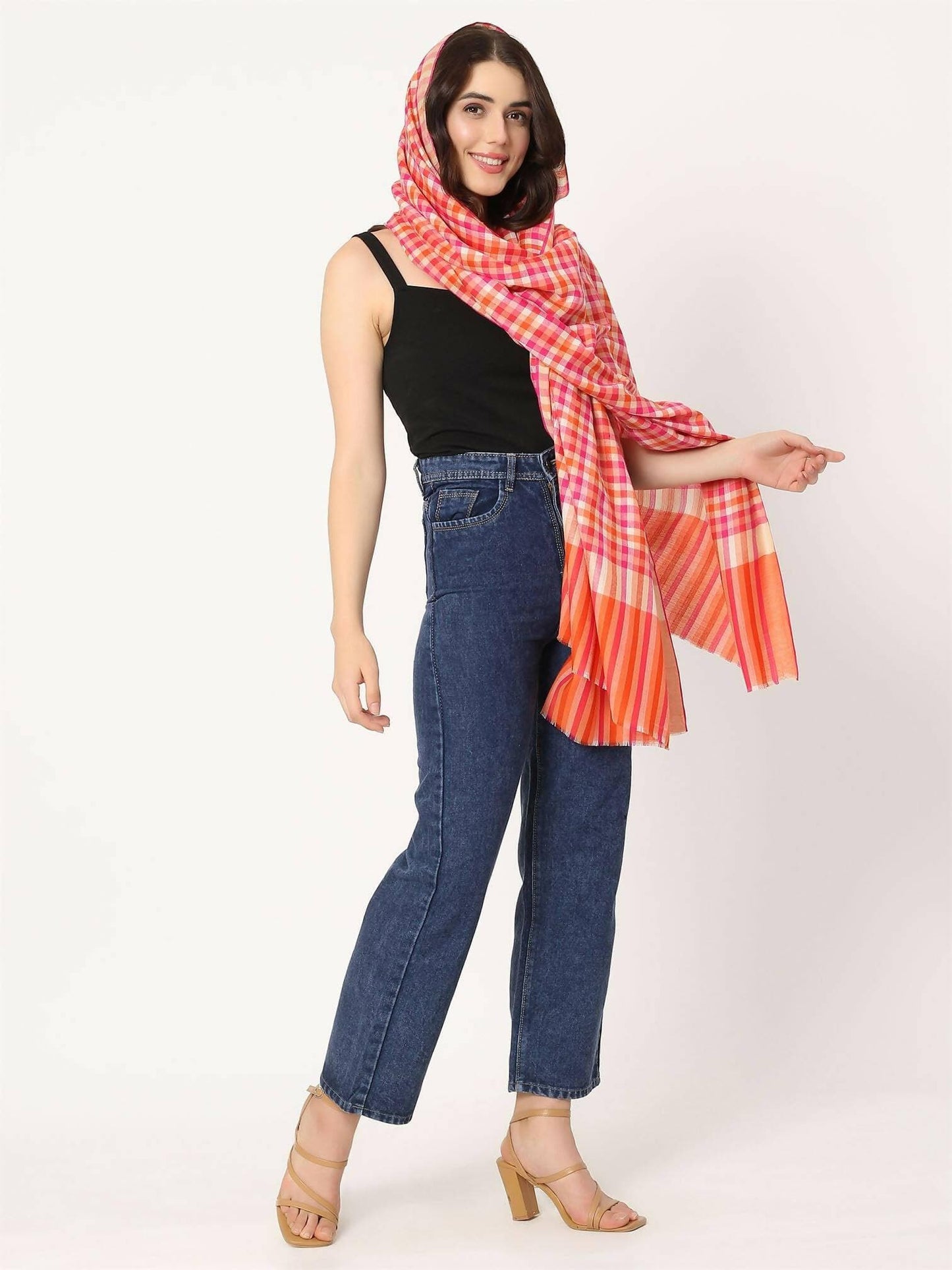 Peach Pink Multicolour Check Shawl for women - HalfPe