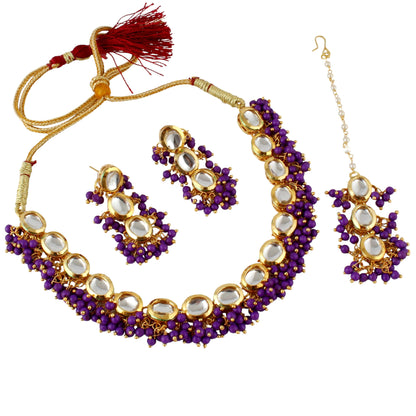 LUCKY JEWELLERY Back Meenakari 18k Gold Plated Purple Color Tika Earring Combo Uncut Big Faux Kundan Choker Necklace set - HalfPe