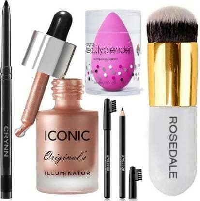 Crynn Rosedale Pro Kajal & Iconic Shine Illuminator Highlighter & Glazed Glam Black Eyebrow Pencil & Beauty Blender Sponge Puff - HalfPe