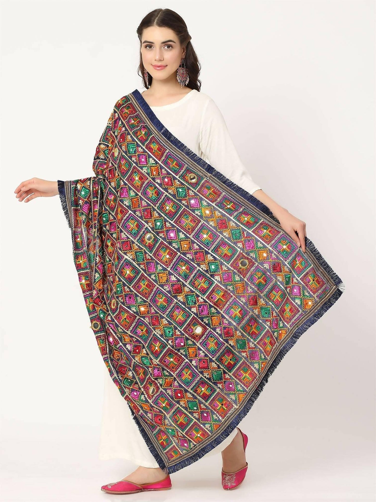 Blue Multicolour Embroidery Phulkari Dupatta with Mirror Work - HalfPe