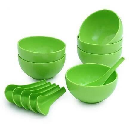 Green Plastic Round Shape Soup Bowls & Spoons, Set of 6 Bowls & 6 Spoons, Microwave Safe for Home and Office Use Bowl, Spoon Serving Set - HalfPe