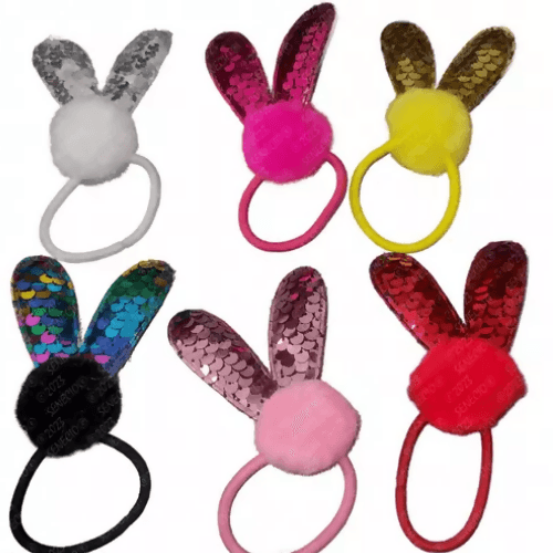 SENECIO 6Pc Rabbit Bunny Ear Sequin Embellished Tildi Multicolour Fur Scrunchies Ponytail Holder Rubber Band - HalfPe