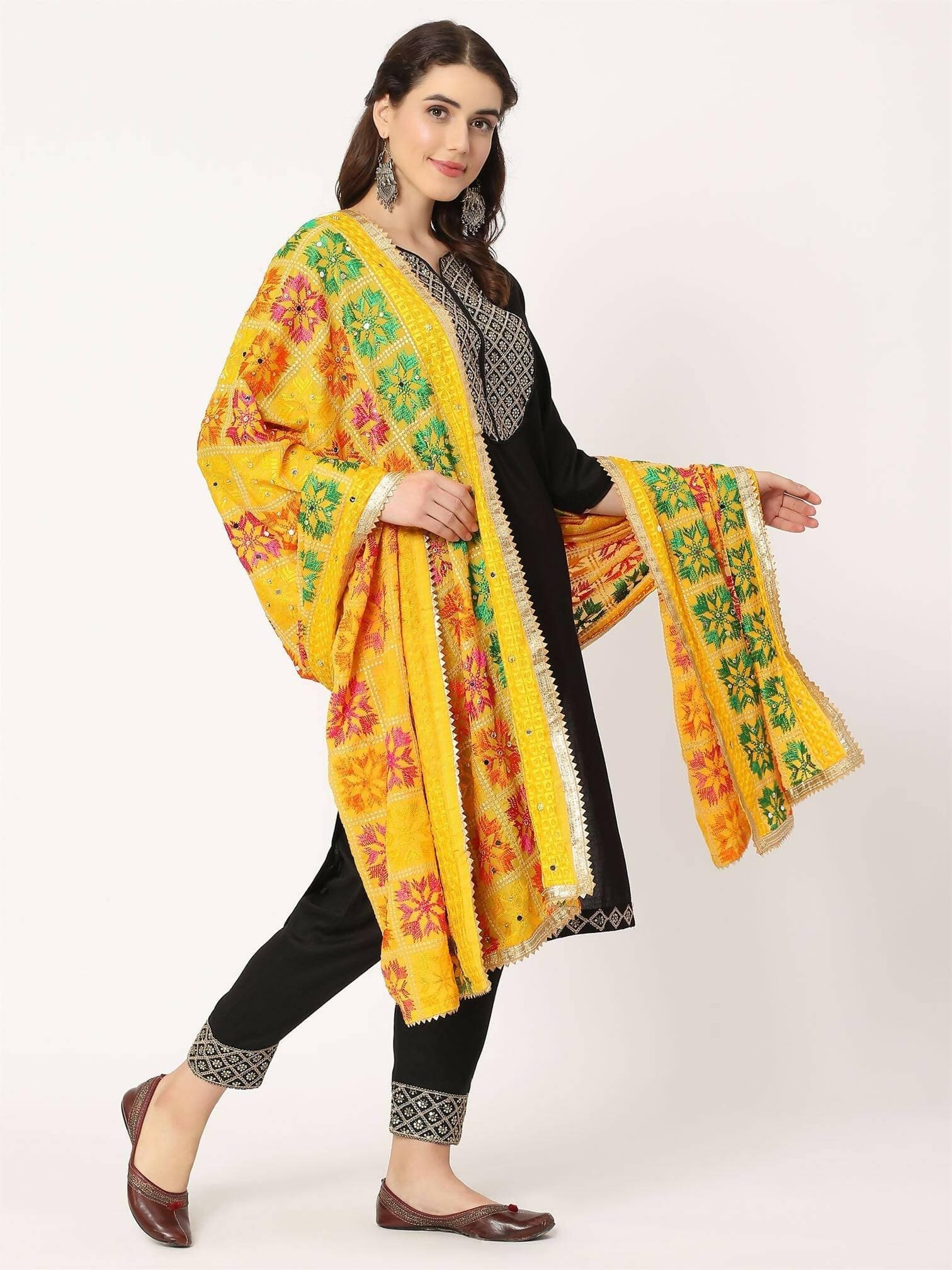 Multicolour Embroidery Phulkari Dupatta with Mirror Work ( Yellow) - HalfPe