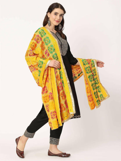 Multicolour Embroidery Phulkari Dupatta with Mirror Work ( Yellow) - HalfPe