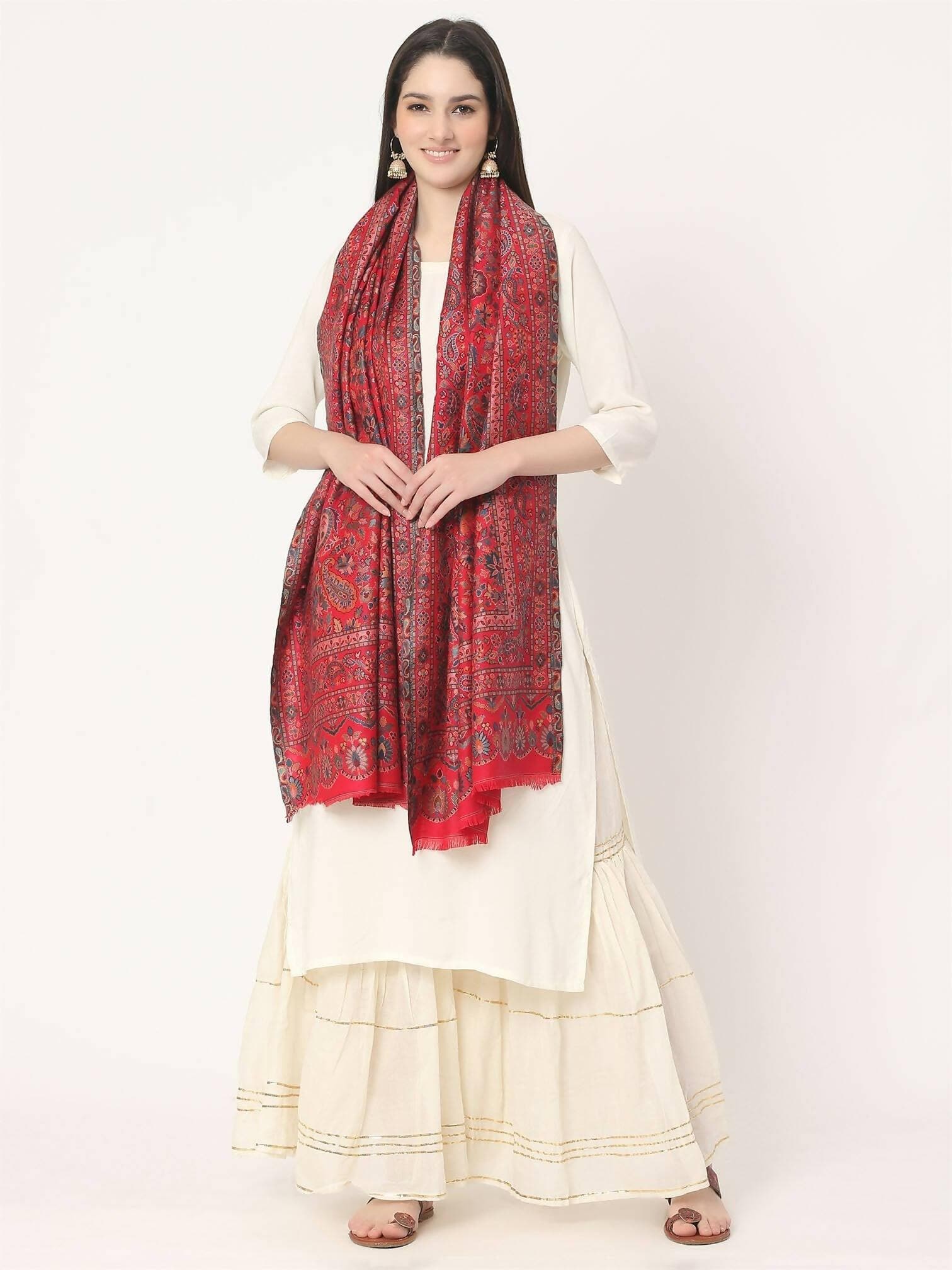 Cherry Red Wool Soft Multiweave Kani Stole for women - HalfPe