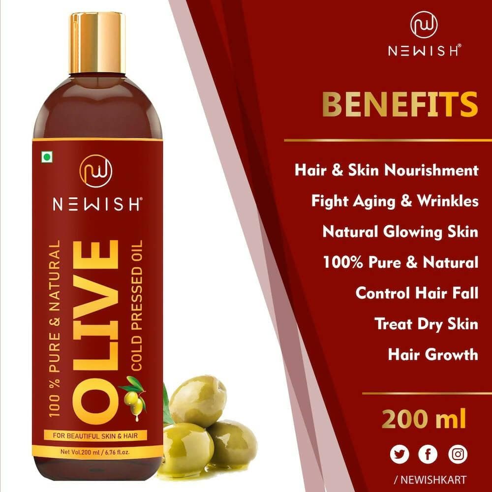 Newish Pure Cold Pressed Olive Oil For Hair and Skin (Pack of 2 - 200ML) - HalfPe