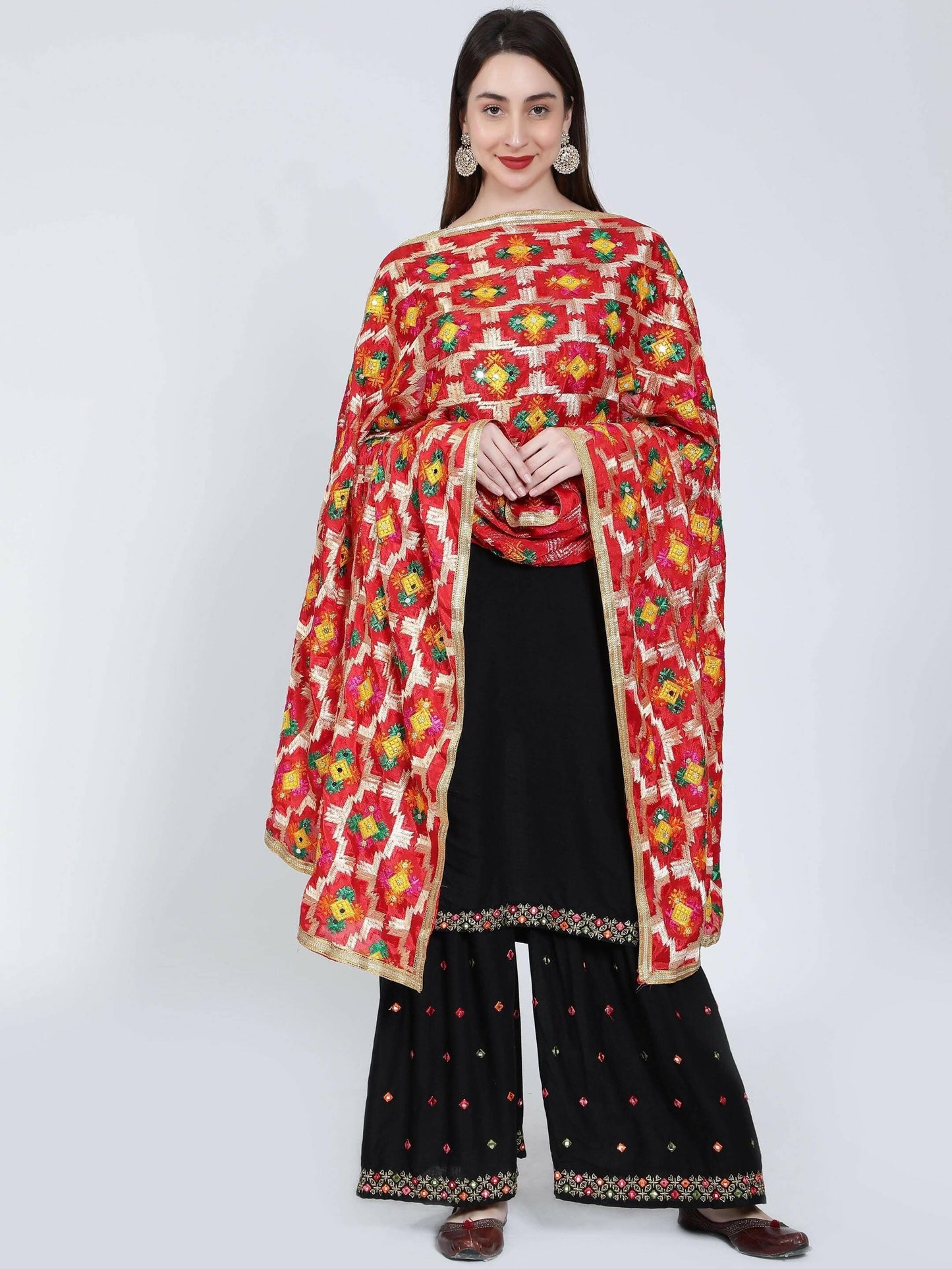 Phulkari dupatta (red, multicolor designs) - HalfPe