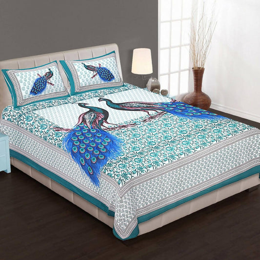 Jaipuri Textile Vault Peacock Print 210 TC Cotton Double Bedsheet with 2 Pillow Covers - HalfPe