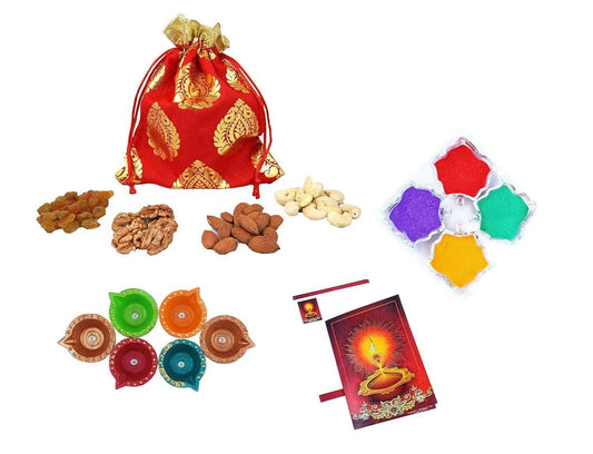 MANTOUSS Diwali Dry Fruit Red Exclusive Potli-Cashew,Almond,Walnut and Raisin (50gms Each) 200gms + 2 Cute diyas, Rangoli Colours and Diwali Greeting - HalfPe