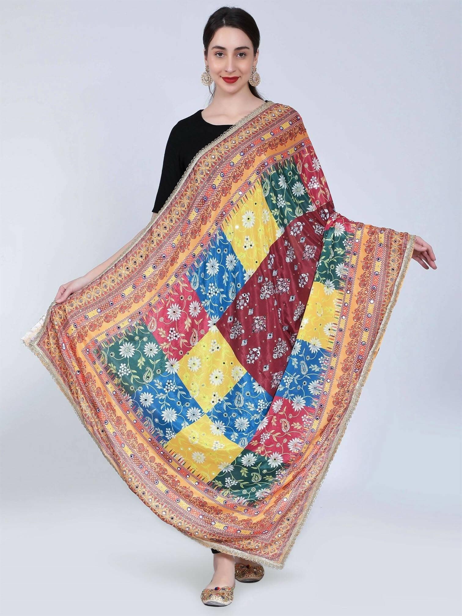 Chiffon Digital Print Pakistani Dupatta with Mirror Work(Broad multi-colored designs) - HalfPe