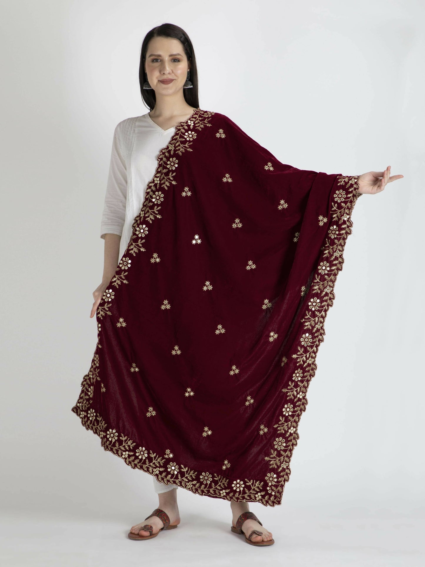 Maroon Velvet Shawl Dupatta For Women - HalfPe